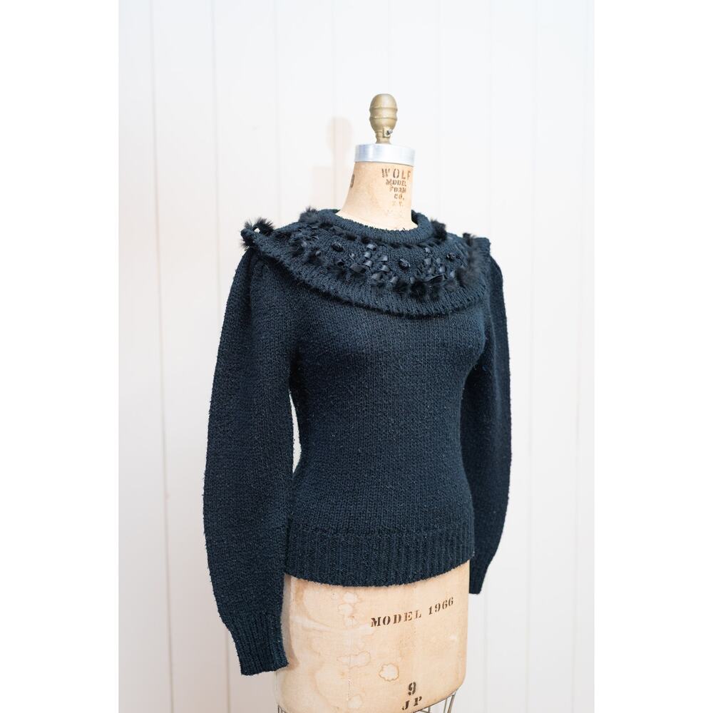 Vintage 50s Black Sexy Pin-Up Glam Sweater Cowl Neck Rosette Rabbit Fur Trim M